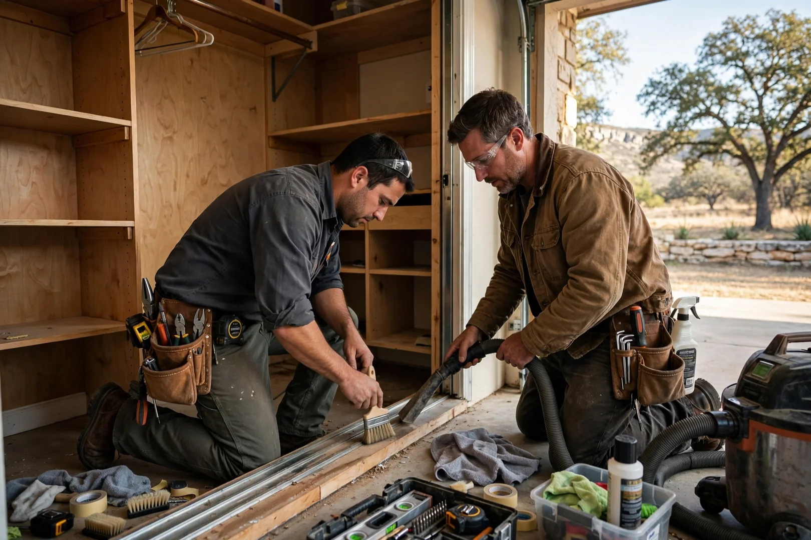 Installer checking shelf brackets on a new closet organizer