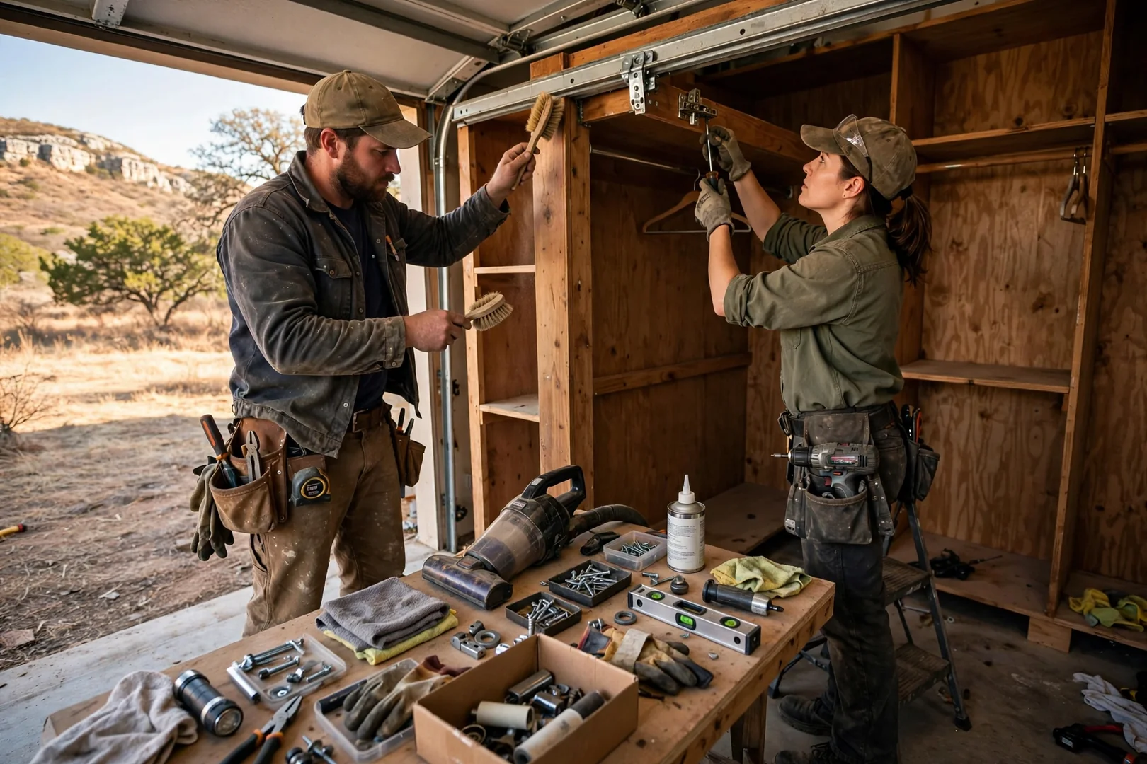 Installer leveling a wall-mounted closet organizer rail in a Canyon Lake home