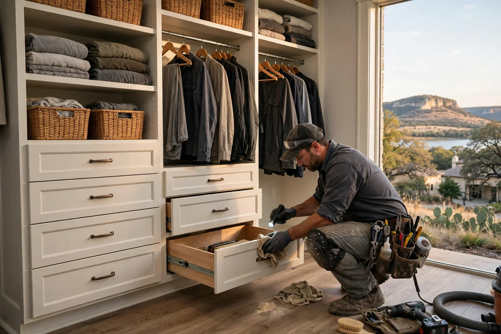 Finished walk-in closet organizer with double hang rods and drawers in Canyon Lake home