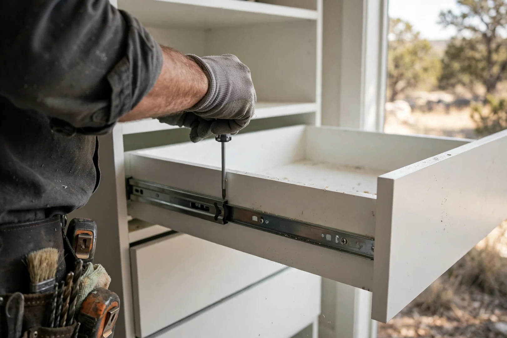 Close-up of soft-close drawer slides installed in a white melamine closet drawer bank
