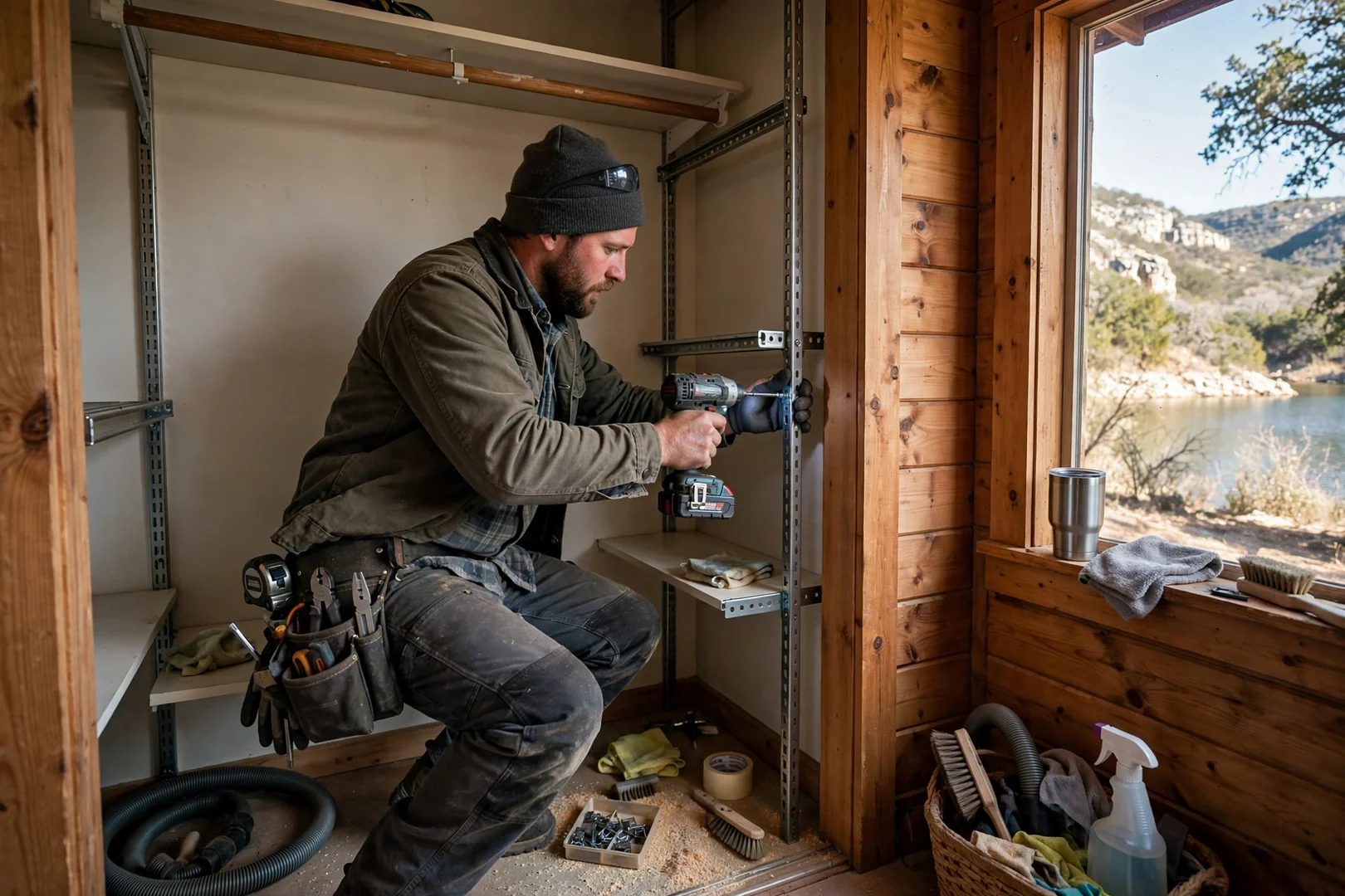 Reach-in closet with adjustable shelving and hanging rod in a lake cabin