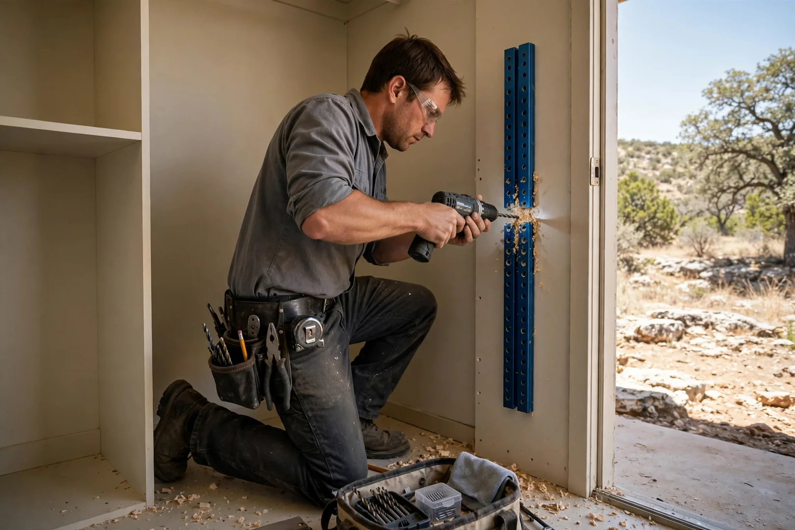 Installer hands drilling shelf pin holes in closet panel using a drilling jig
