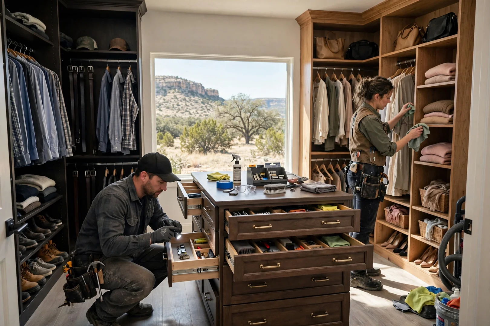 Wide view of completed his and hers walk-in closet with island drawers