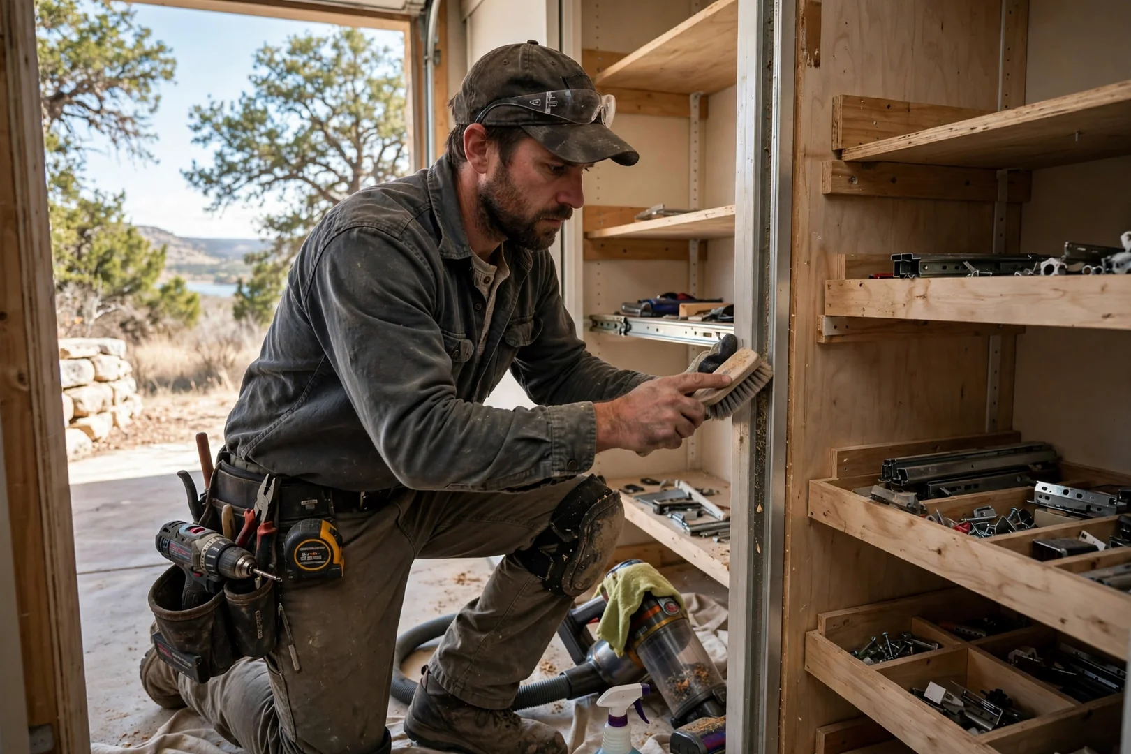 Installer measuring a closet wall for a new shelving system