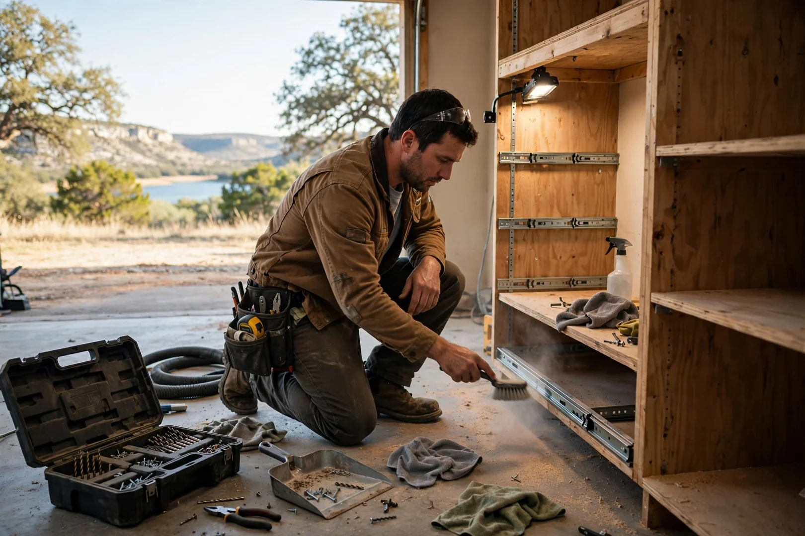 Installer leveling a wall-mounted closet system rail inside a Canyon Lake home