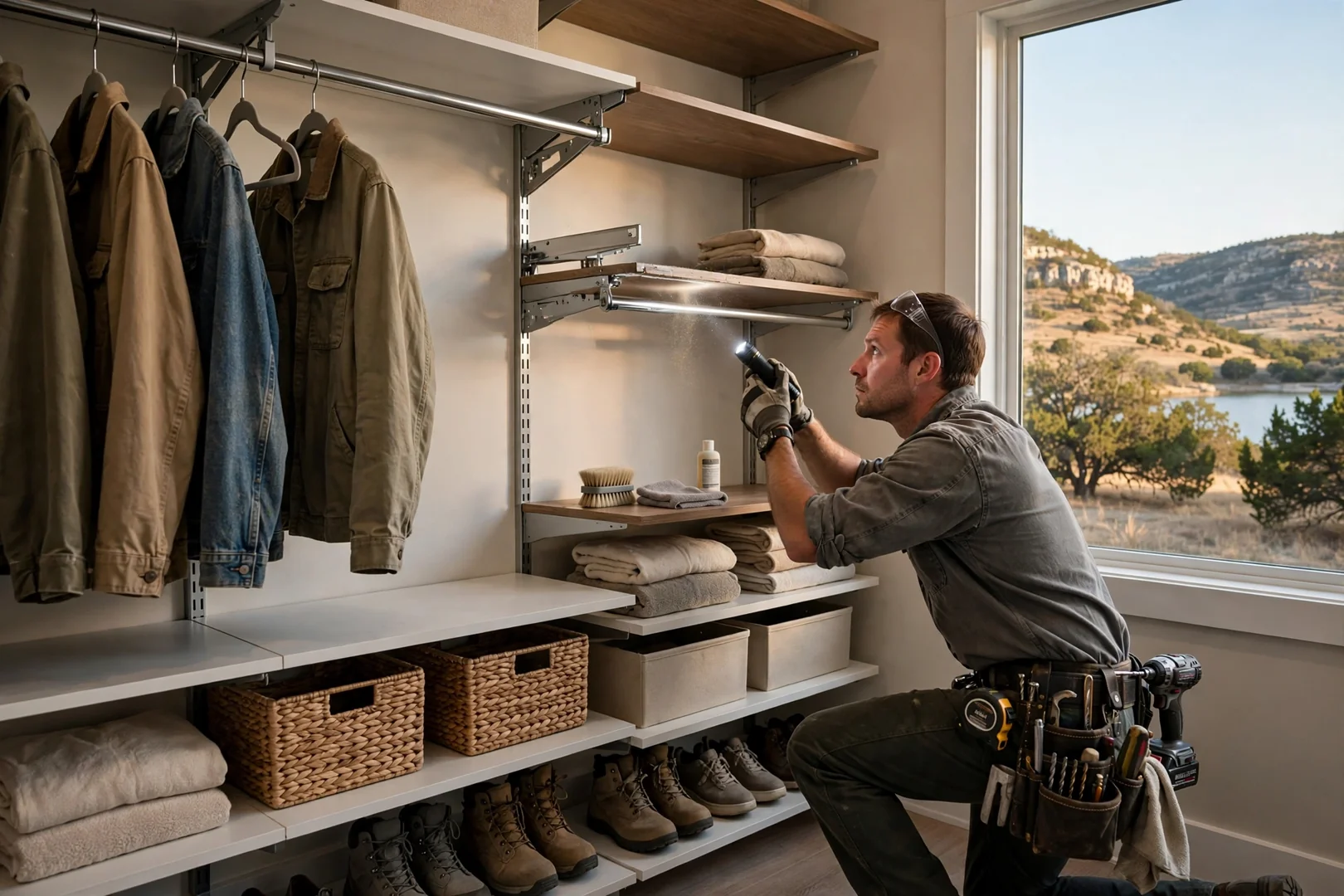 Finished walk-in closet system with adjustable shelving and hanging rods in a Canyon Lake home