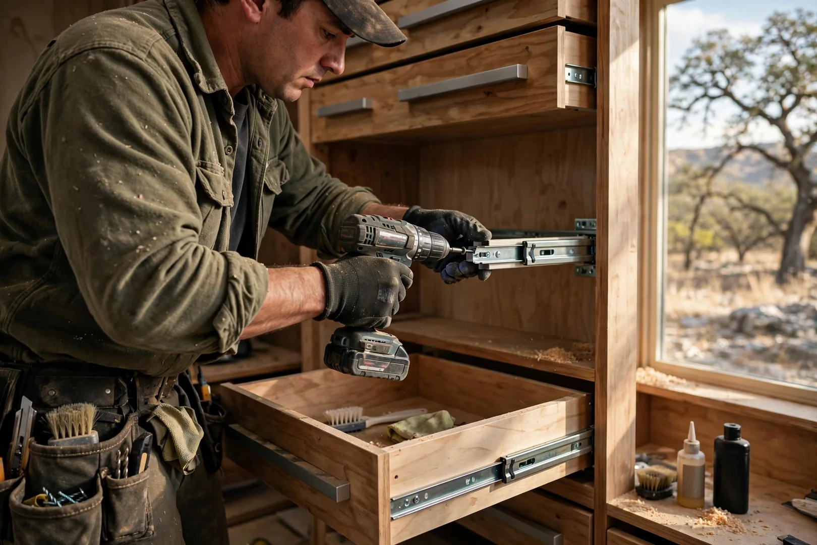 Close-up of soft-close drawer slides installed in a custom closet drawer tower