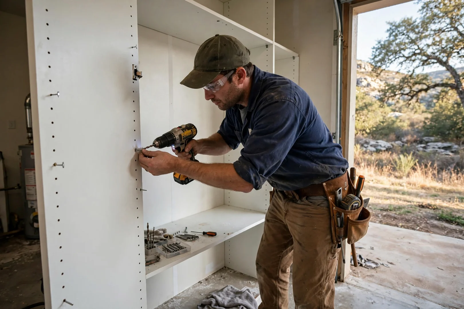 Installer adjusting shelf pins inside a white melamine closet tower with a cordless drill
