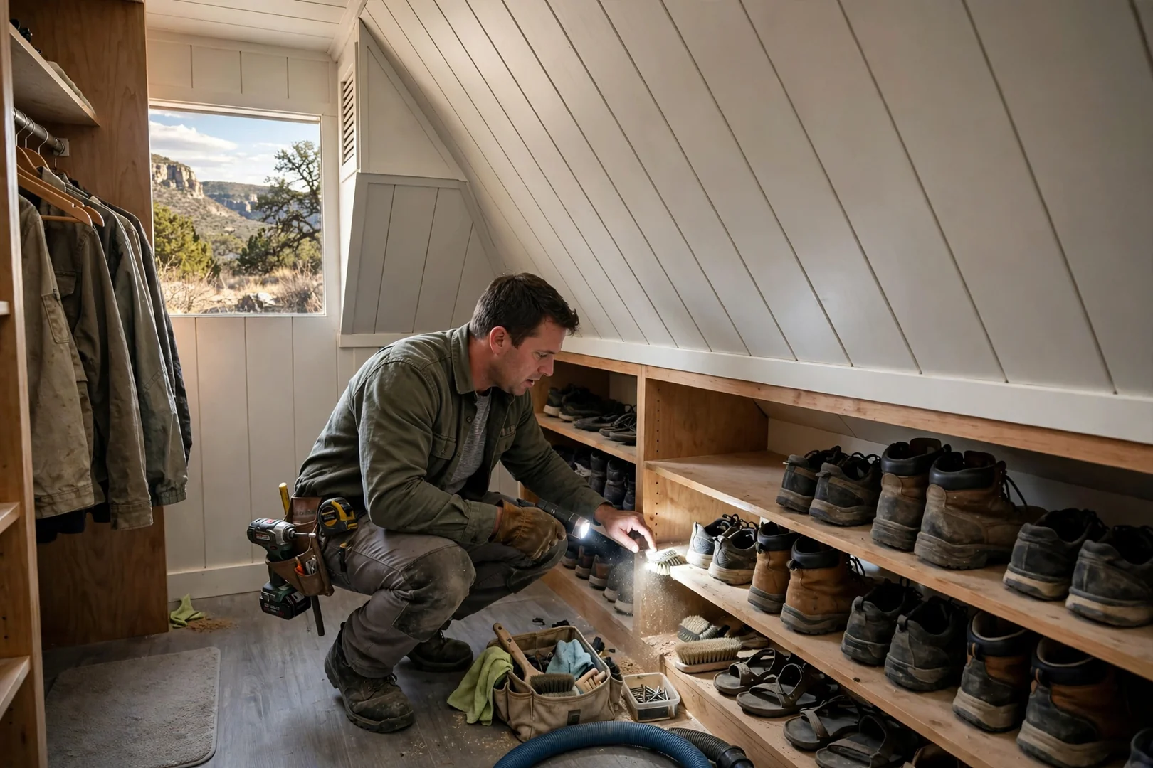 Walk-in closet under sloped ceiling fitted with angled panels and shoe shelves