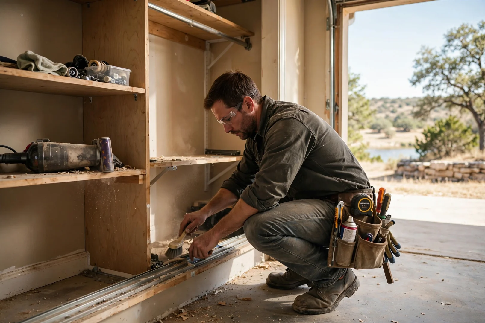 Installer leveling shelves in a custom walk-in closet system