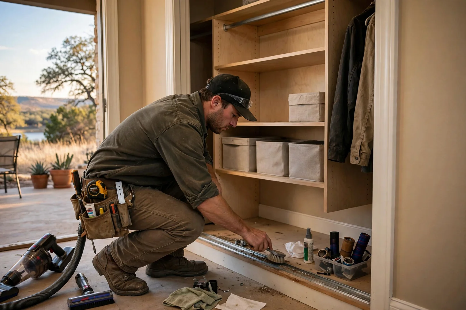 Installer leveling a hanging rail on a custom closet system