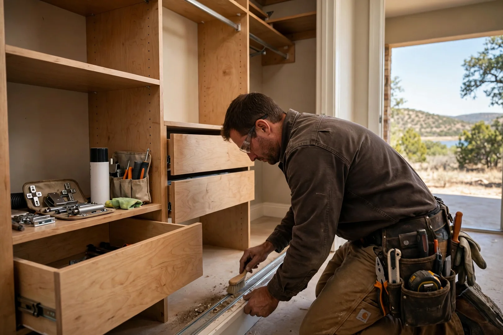 Installer leveling melamine shelves in a walk-in closet system in Canyon Lake