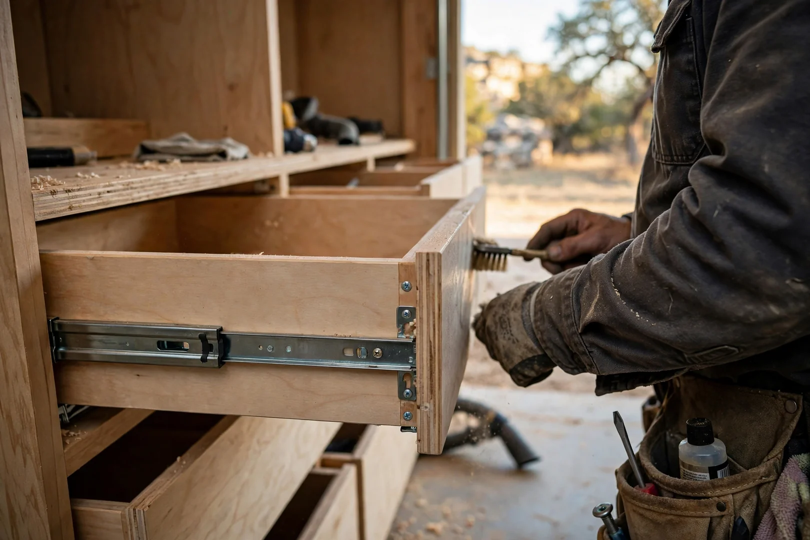 Close-up of soft-close drawer slides installed in a custom closet drawer bank
