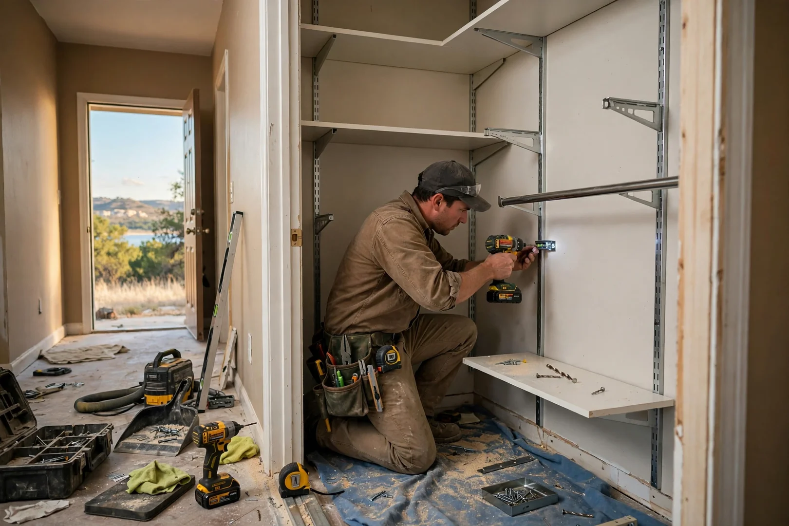Reach-in closet retrofit with adjustable shelves and a single hanging rod in Canyon Lake