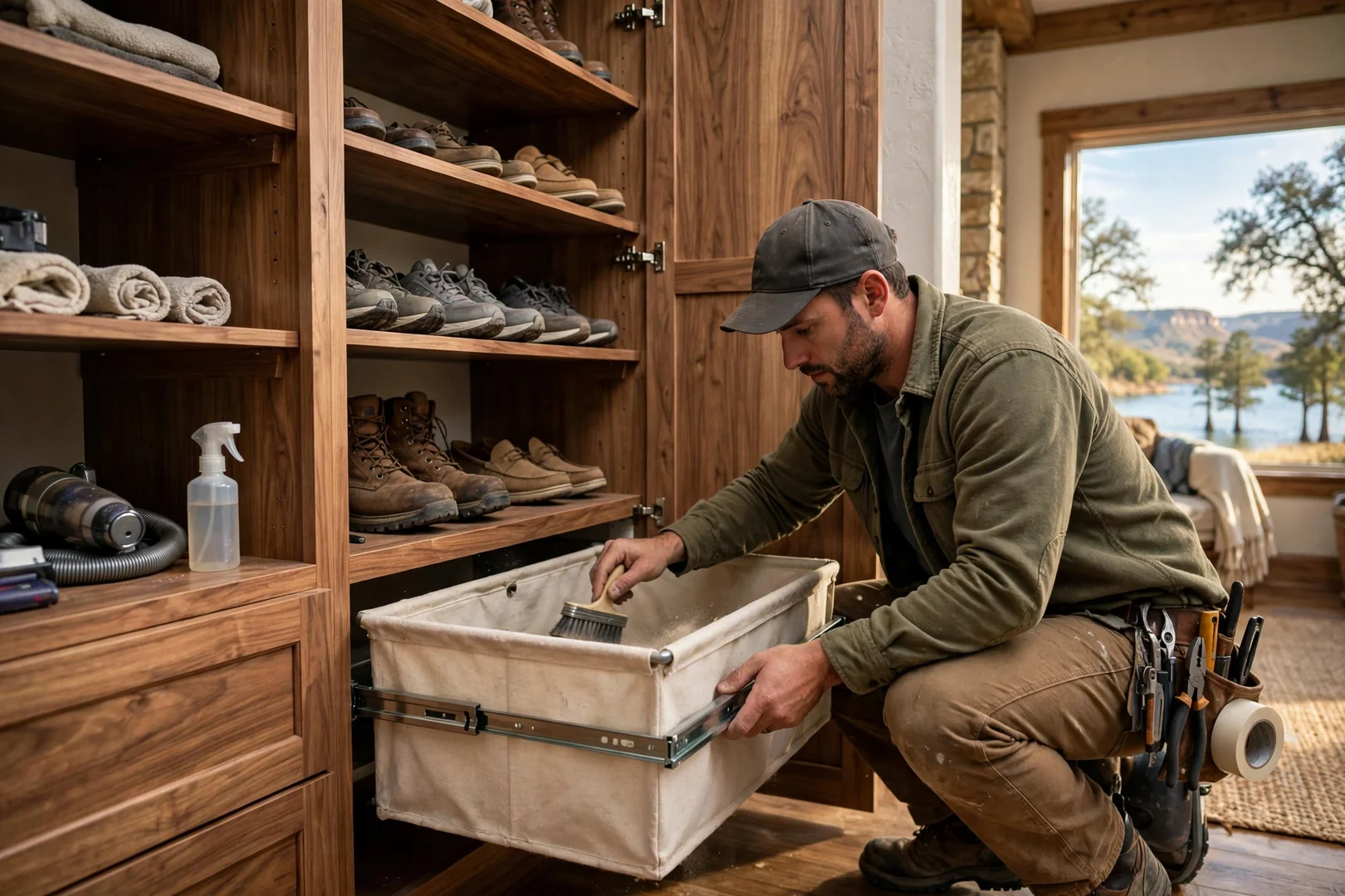 Wood-grain closet system with shoe shelves and pull-out hamper in a lake home