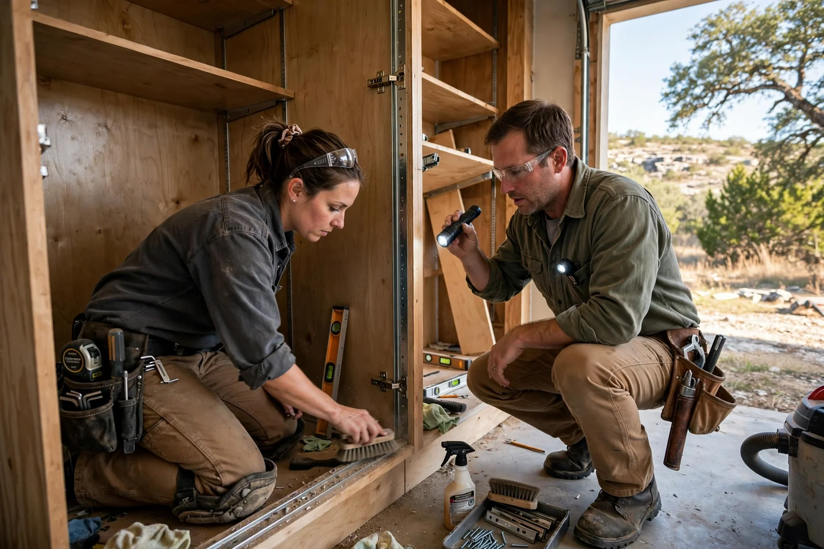 Installer adjusting shelf brackets in a walk-in closet system in a Canyon Lake home