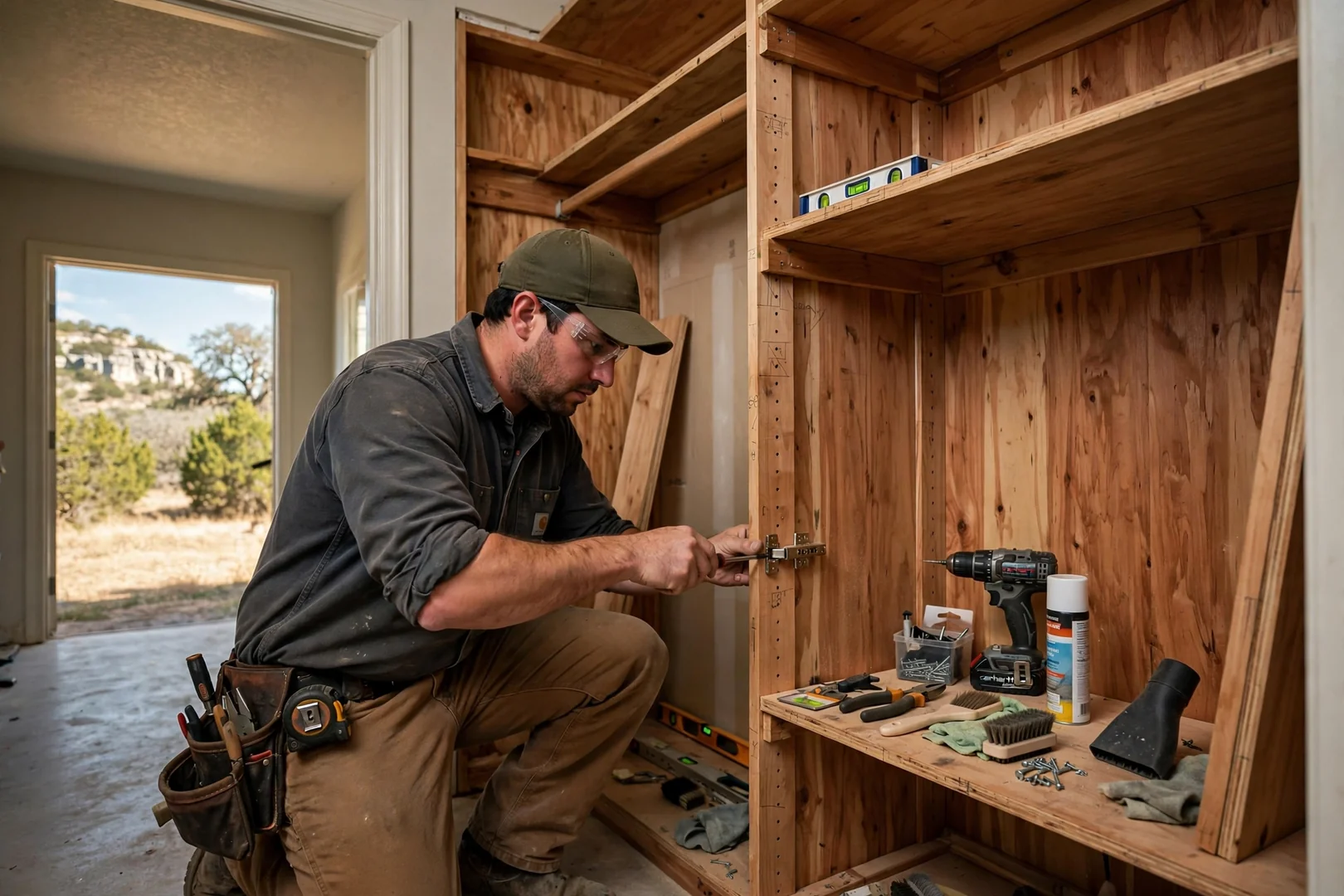 Installer leveling closet shelves in a Canyon Lake home