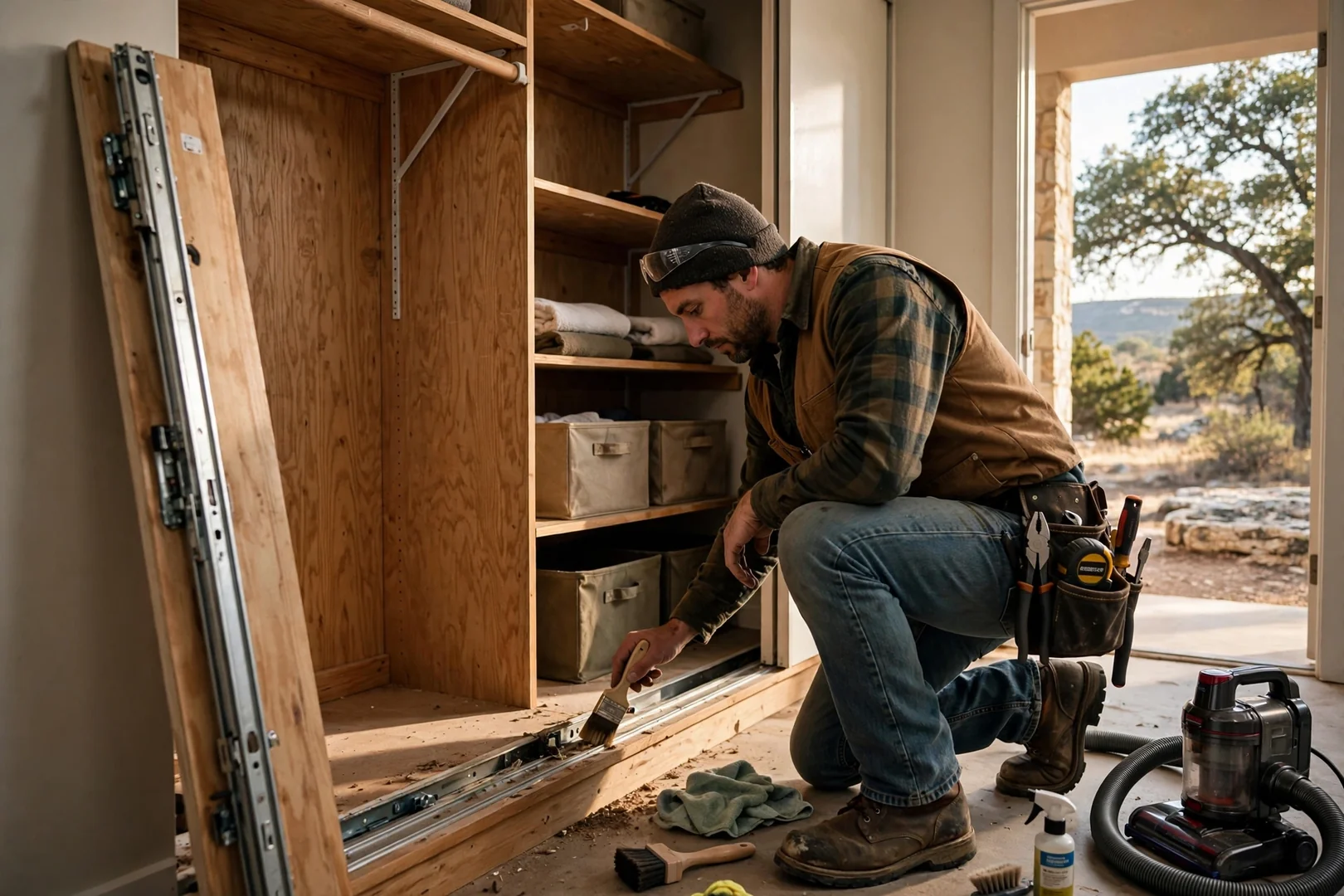 Installer checking shelf level on a finished walk-in closet system