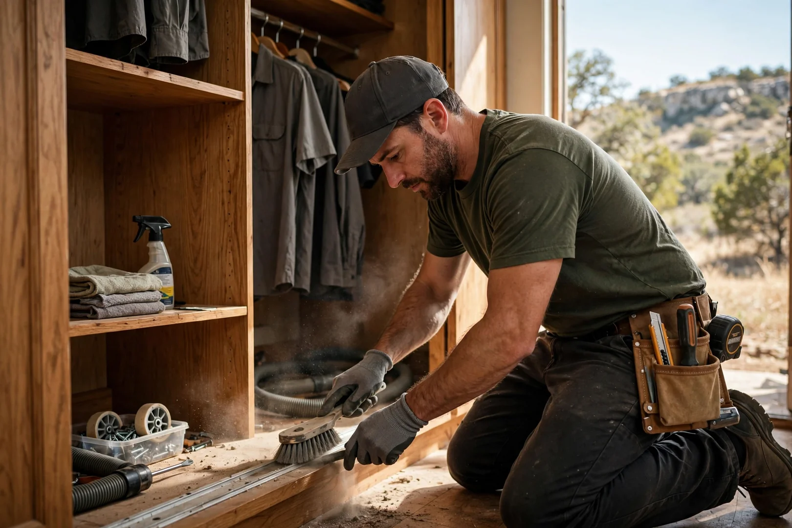 Technician adjusting drawer slides on a custom closet system in Canyon Lake