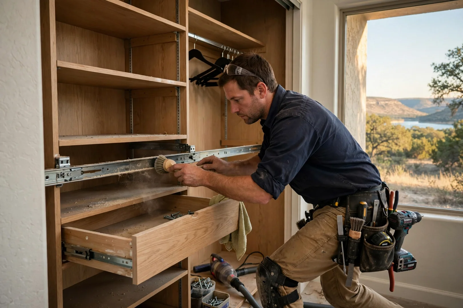 Walk-in custom closet with adjustable shelving and hanging rods