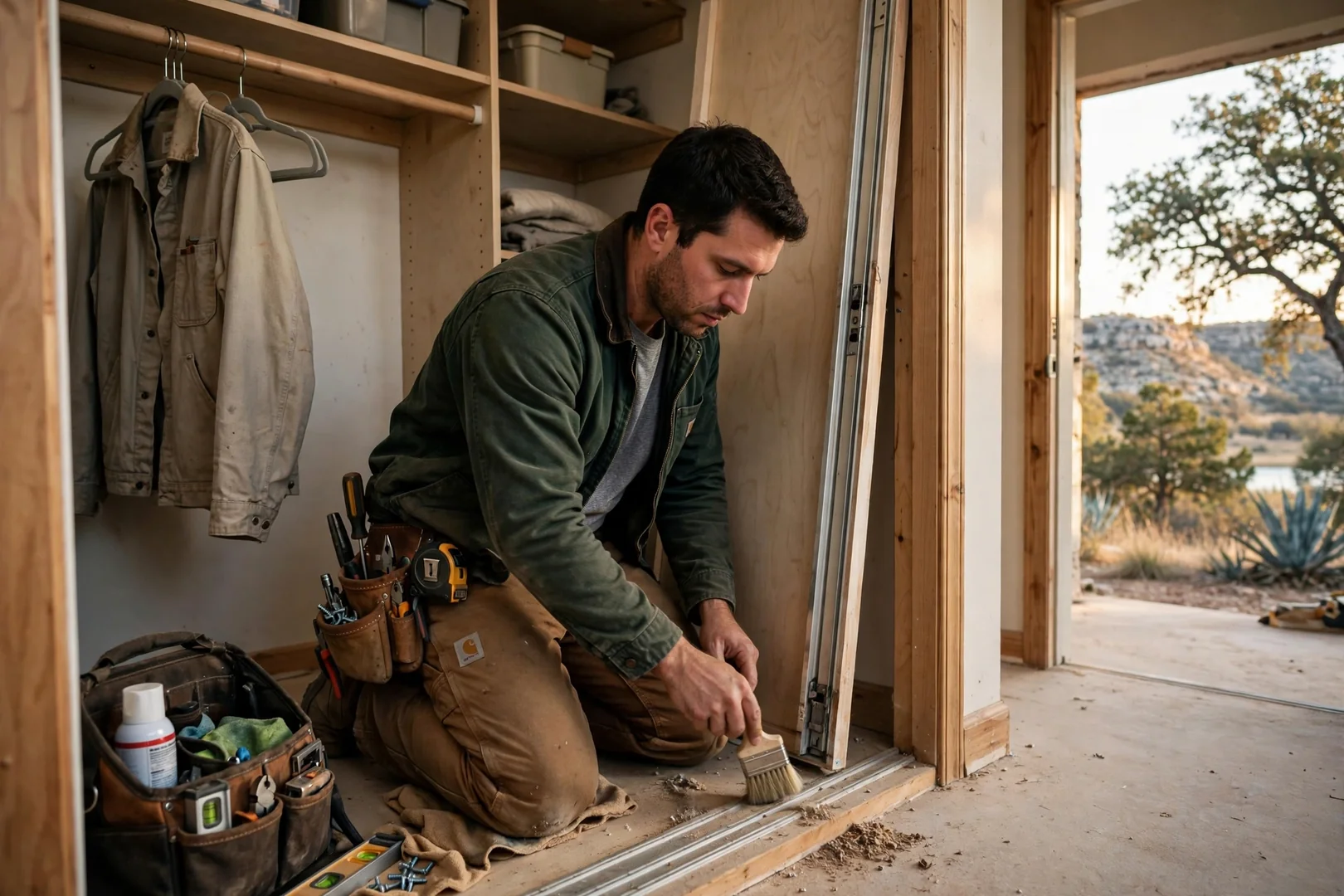 Installer leveling a custom closet system on wall studs in a bedroom