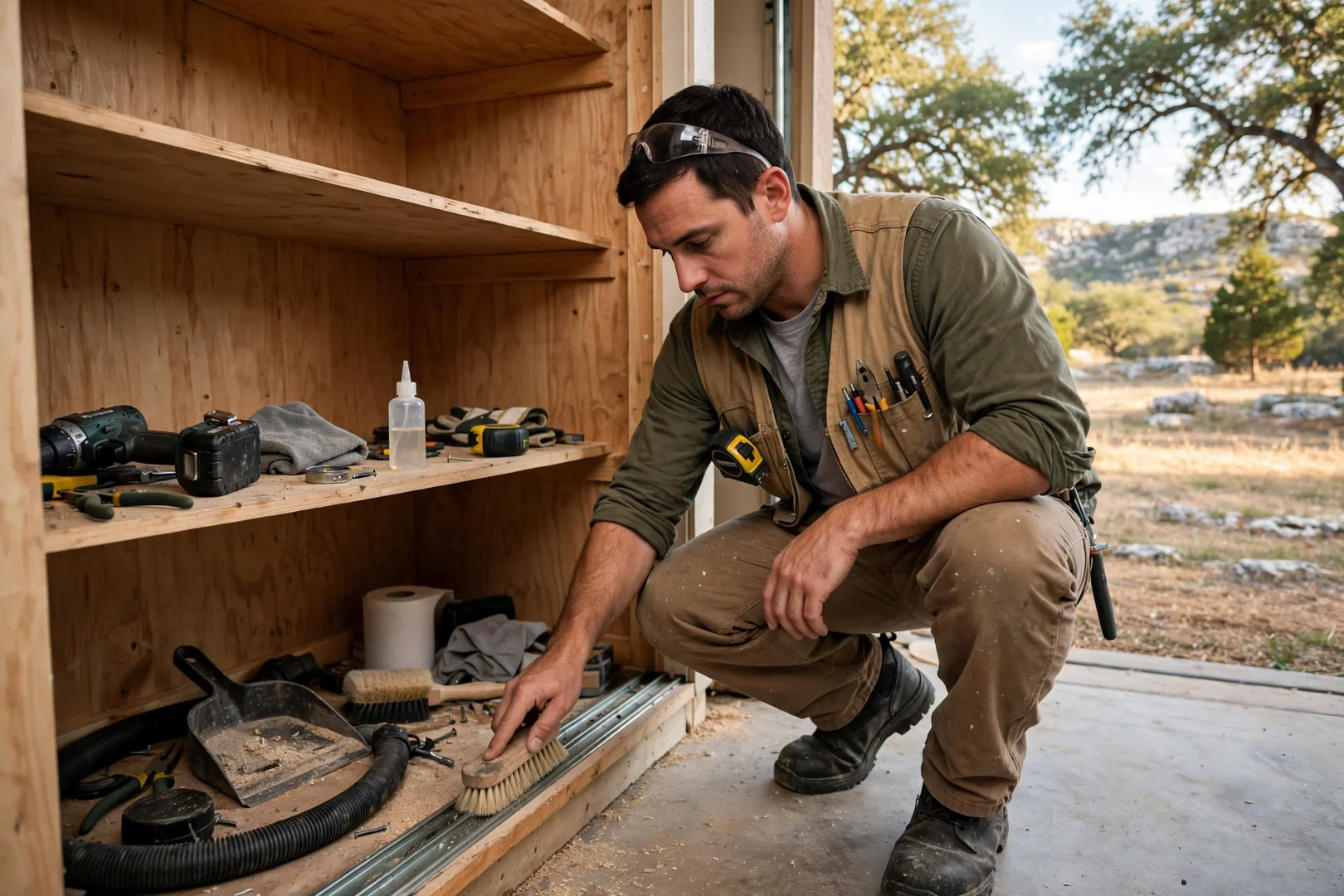 Installer anchoring a custom closet ledger rail into wall studs in a Canyon Lake home