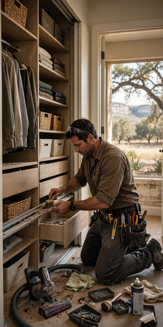 Installer checking drawer slides and hanging rod brackets on a custom closet system