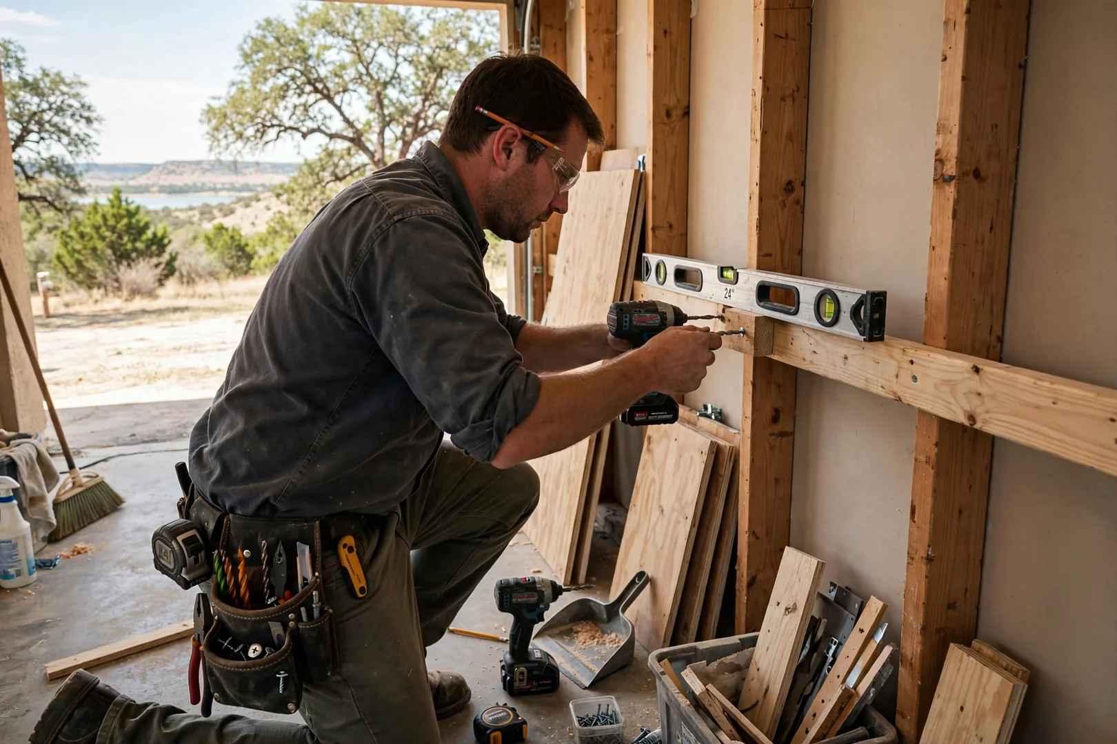 Installer leveling a wall cleat for a new custom closet system in Canyon Lake