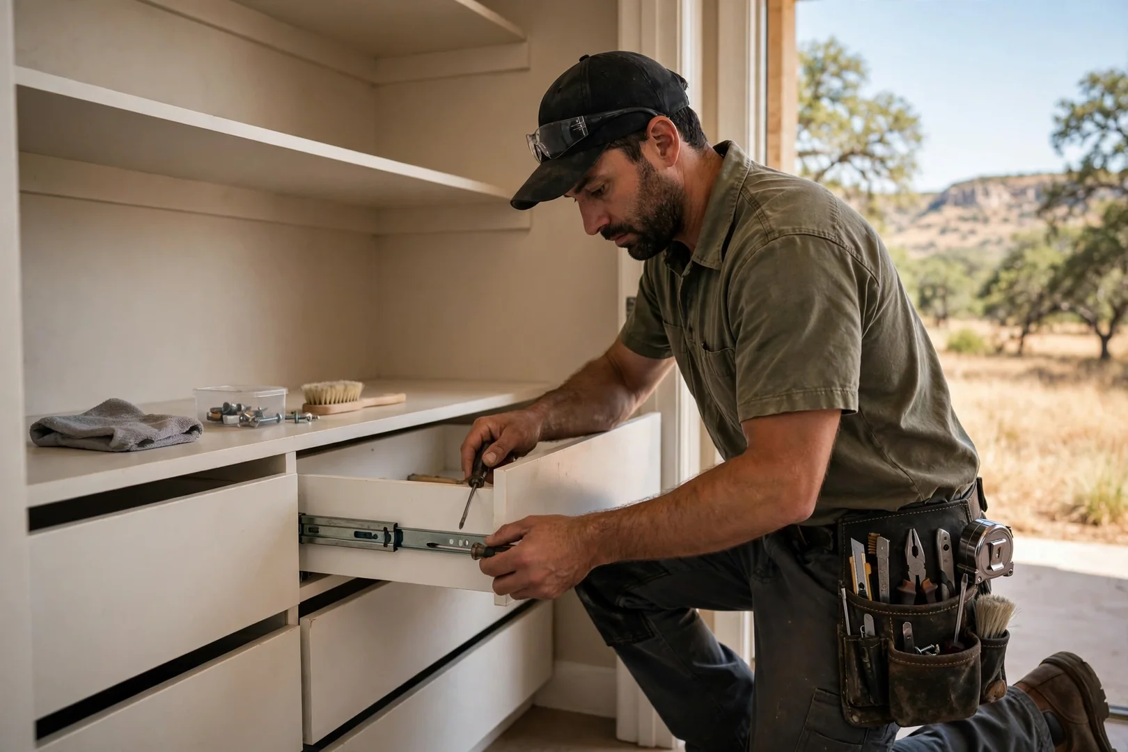 Technician adjusting drawer slides during a routine closet maintenance inspection