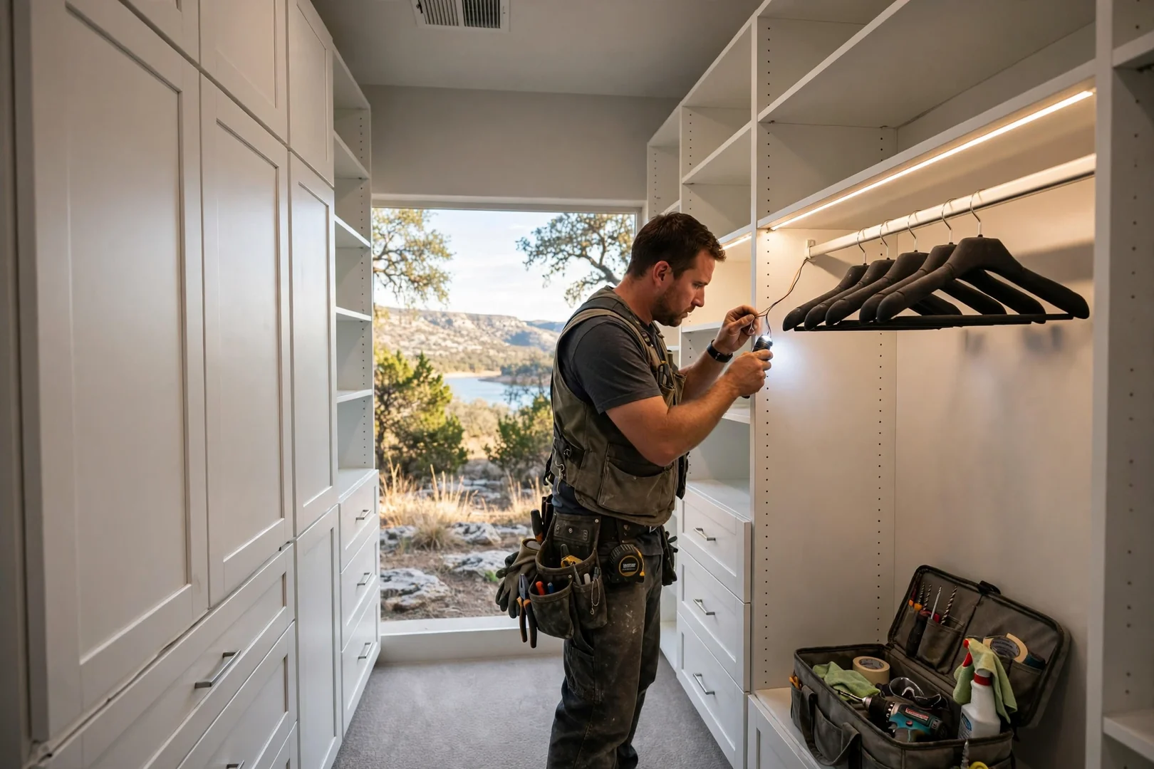 Finished walk-in closet with white melamine towers and lit hanging rods in Canyon Lake