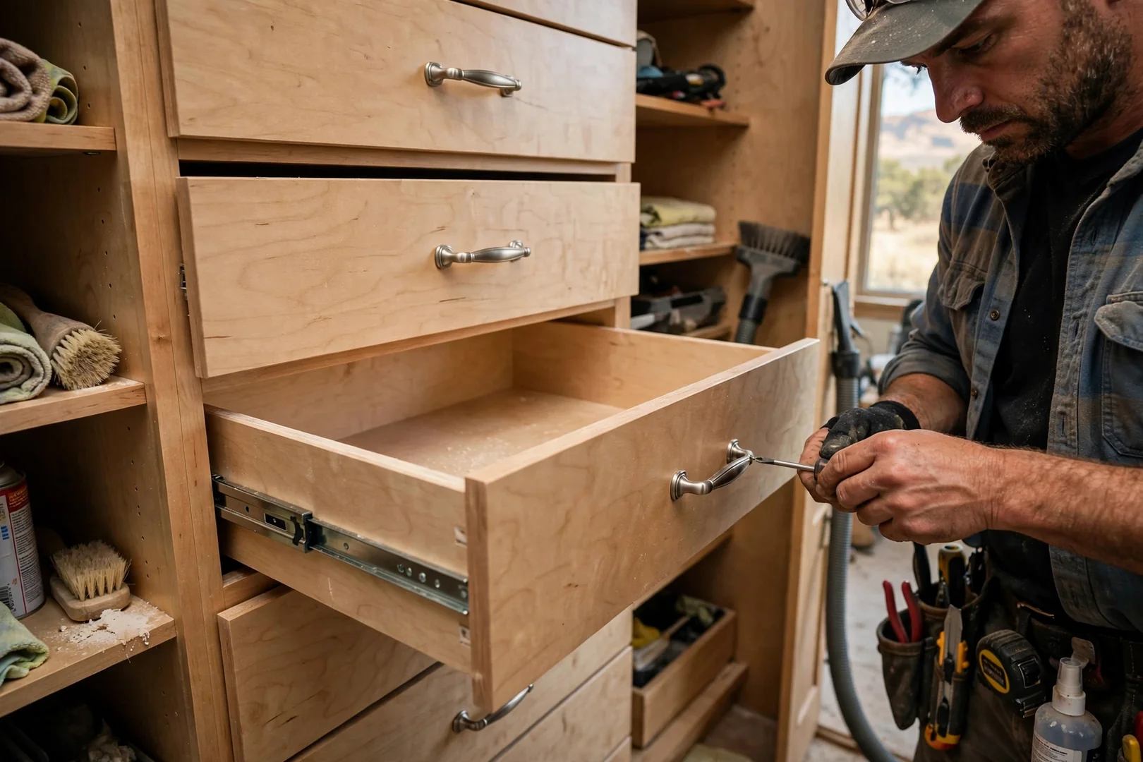 Close-up of soft-close drawer bank with brushed nickel pulls inside a custom closet
