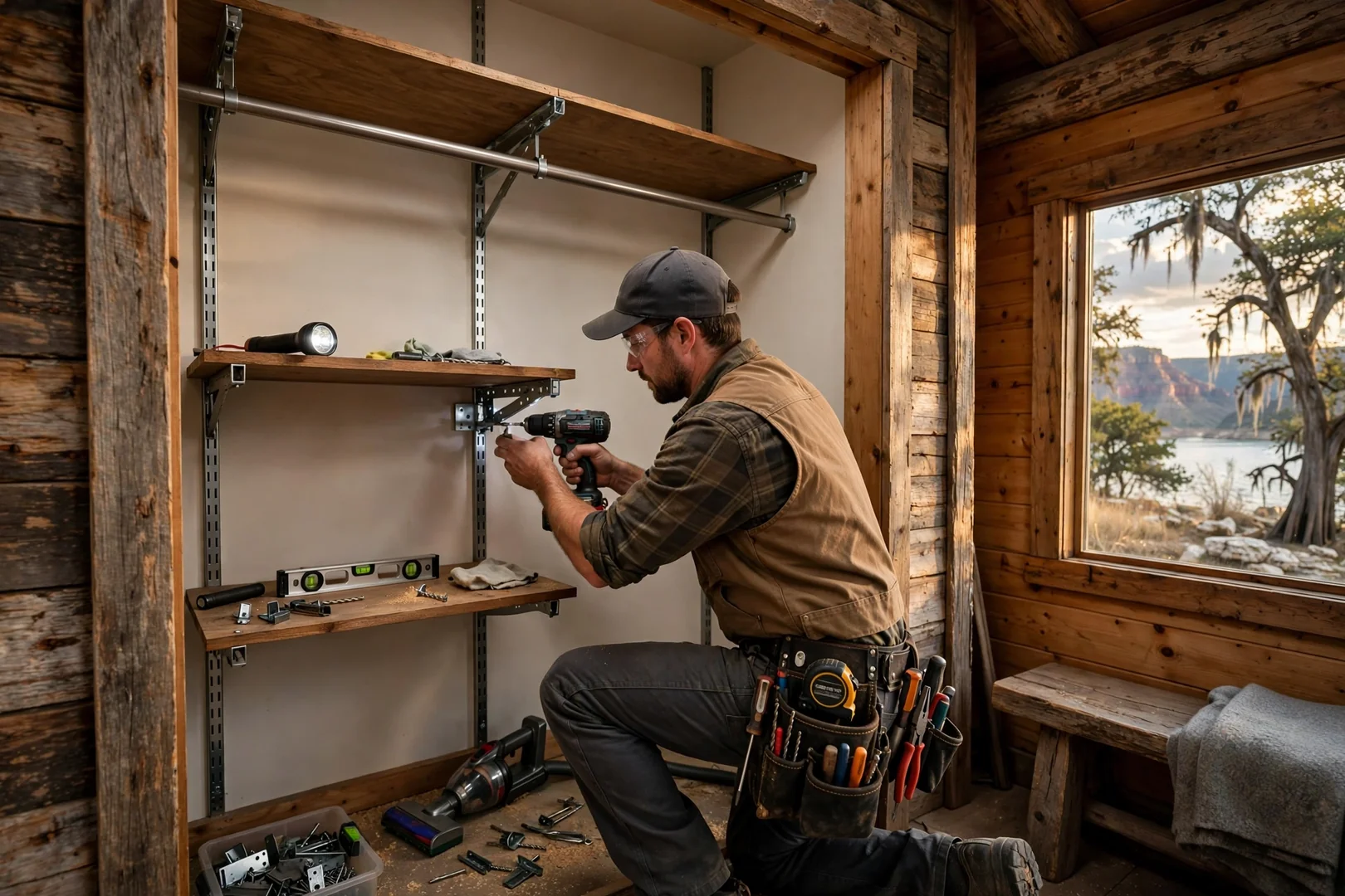 Reach-in closet with adjustable shelves and double hanging rods in a lake cabin