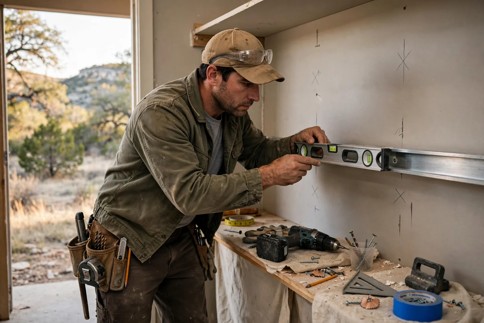 Installer leveling a wall-hung closet rail before anchoring it into the studs