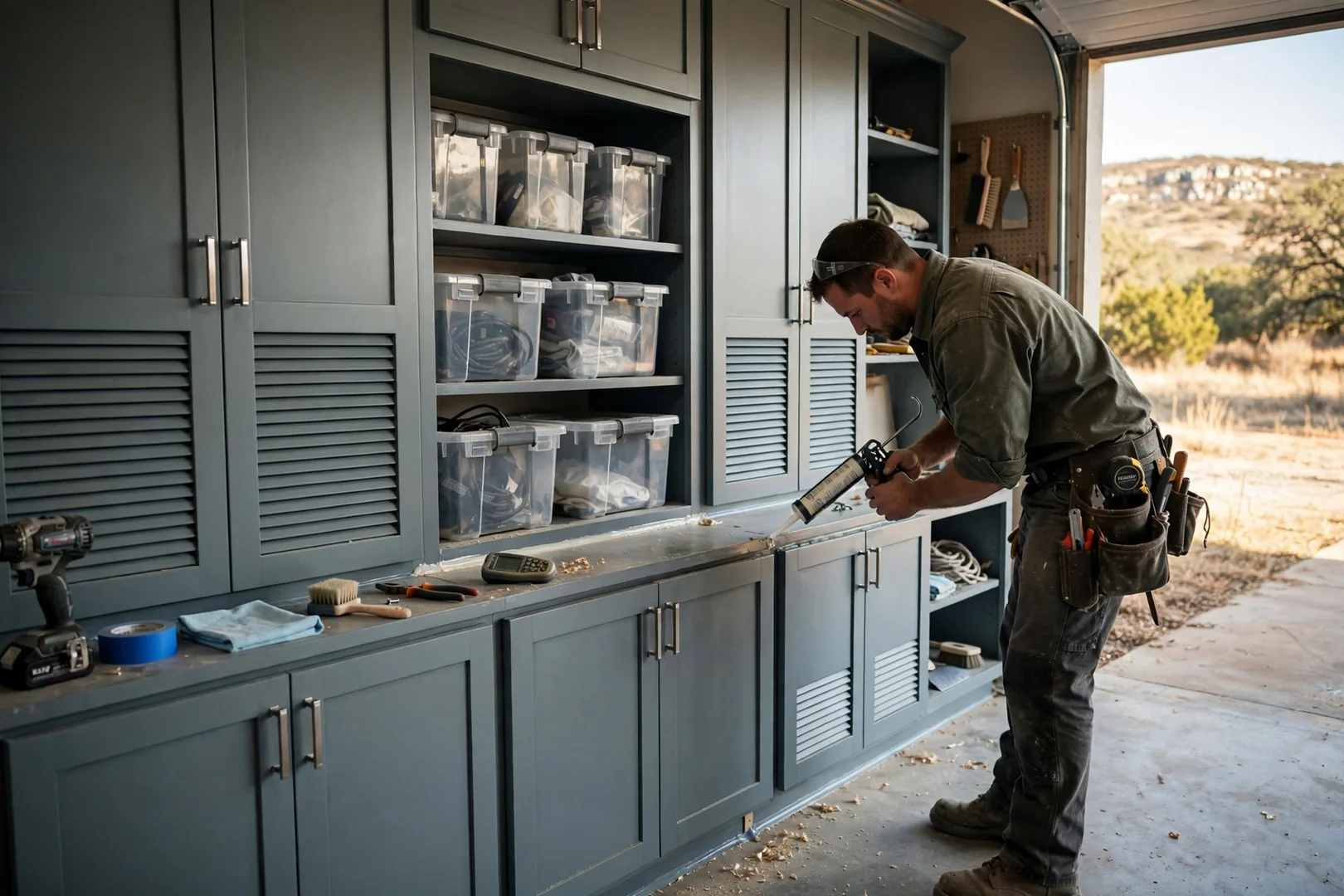 Garage storage wall with cabinets and shelving built for heat and humidity