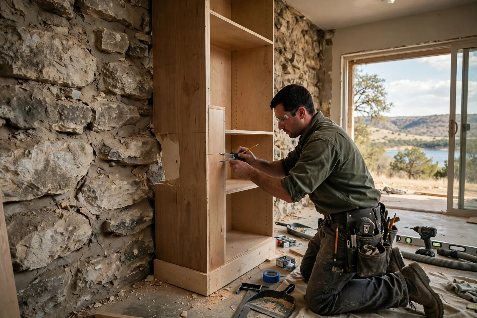 Floor-based closet tower scribed tight to an uneven wall in a Canyon Lake home