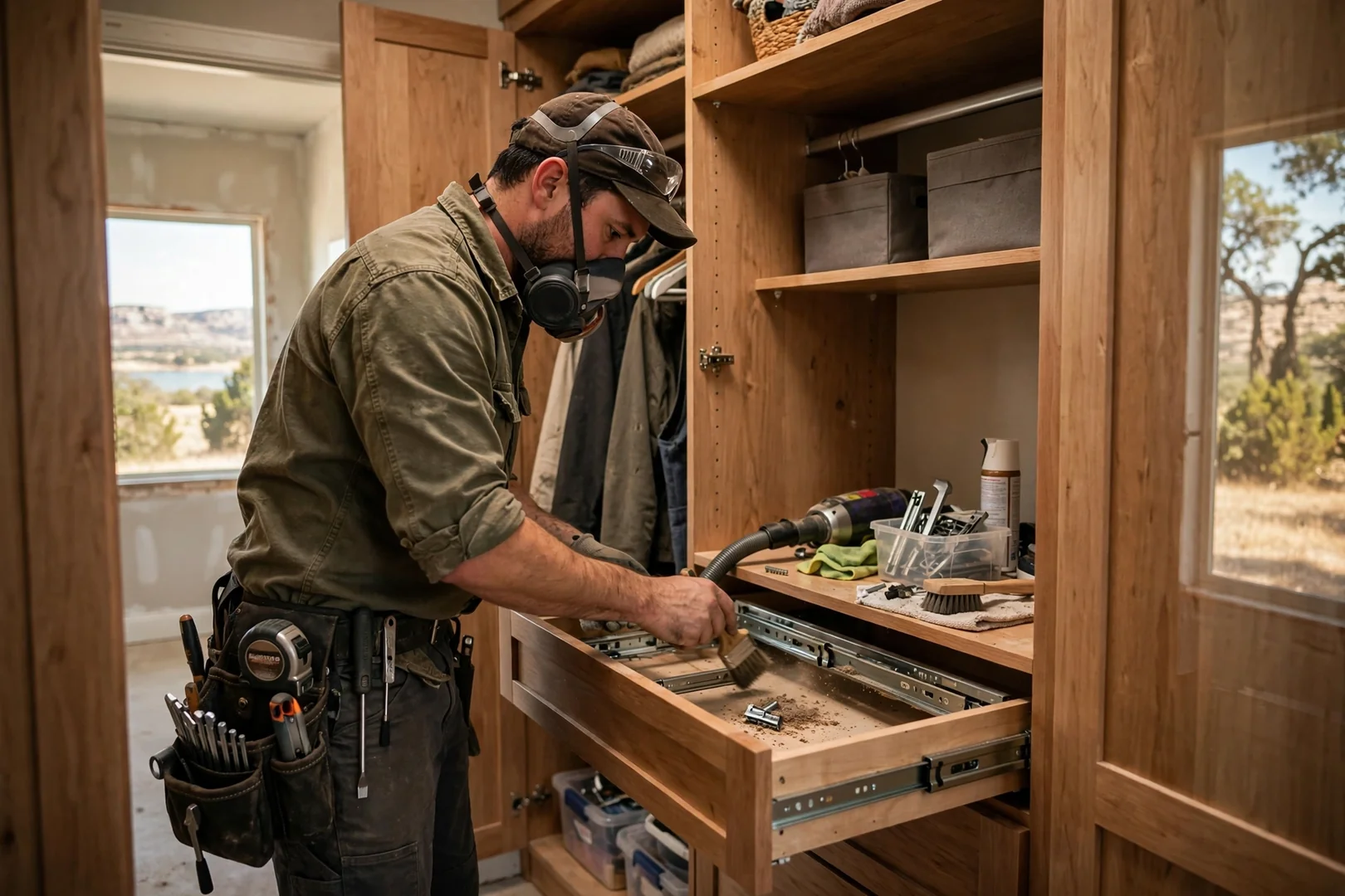 Installer anchoring a closet rail into a wall stud